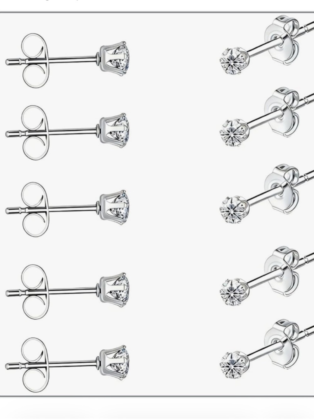 Silver Cubic Zirconia Stud Earrings - 5 Pairs